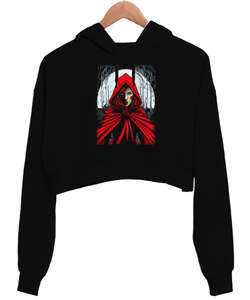 Kırmızılı Kız Siyah Kadın Crop Hoodie Kapüşonlu Sweatshirt