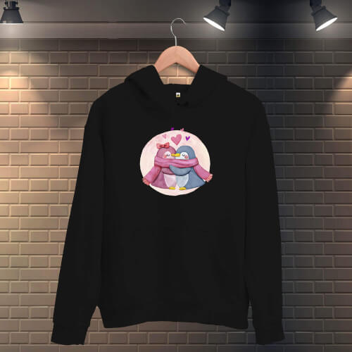 Kış Sevgili Penguenler Erkek Kapüşonlu Sweatshirt