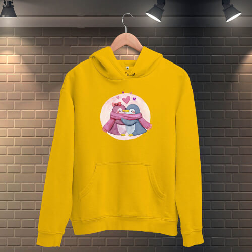 Kış Sevgili Penguenler Erkek Kapüşonlu Sweatshirt