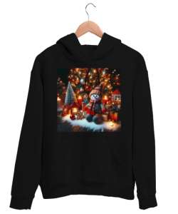 Kış temalı Siyah Unisex Kapşonlu Sweatshirt