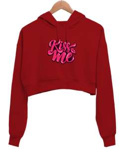 KİSS ME Kırmızı Kadın Crop Hoodie Kapüşonlu Sweatshirt