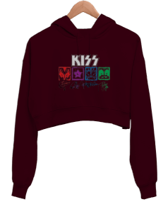 Kiss Tasarım Baskılı Kadın Crop Hoodie Kapüşonlu Sweatshirt