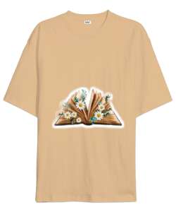 Kitap arasında papatyalar baskili Camel Oversize Unisex Tişört