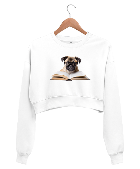 Tisho - Kitap Okuyan Sevimli Gözlüklü Köpek Beyaz Kadın Crop Sweatshirt