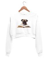 Kitap Okuyan Sevimli Gözlüklü Köpek Beyaz Kadın Crop Sweatshirt - Thumbnail