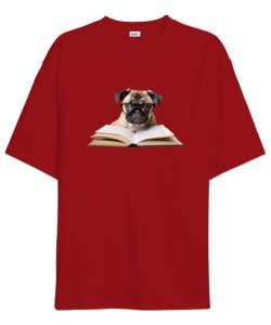 Kitap Okuyan Sevimli Gözlüklü Köpek Kırmızı Oversize Unisex Tişört