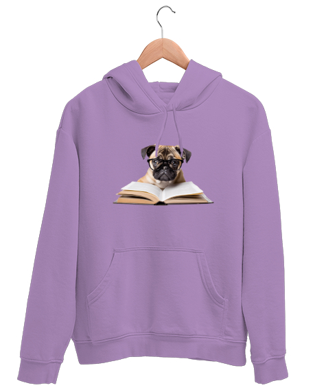 Tisho - Kitap Okuyan Sevimli Gözlüklü Köpek Lila Unisex Kapşonlu Sweatshirt