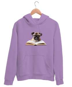 Kitap Okuyan Sevimli Gözlüklü Köpek Lila Unisex Kapşonlu Sweatshirt