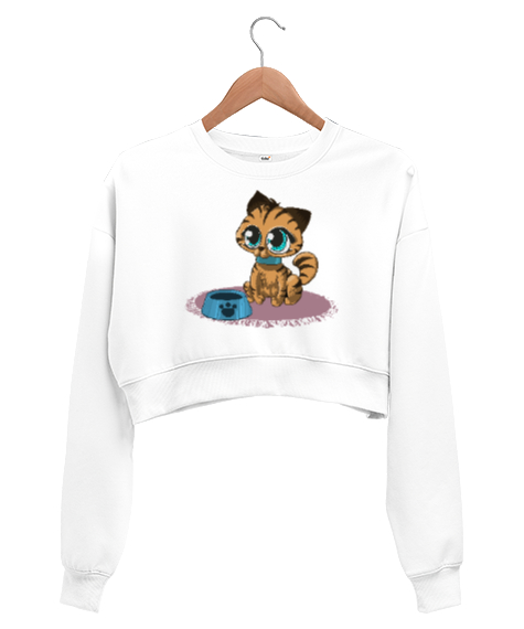 Kitty Cat Beyaz Kadın Crop Sweatshirt