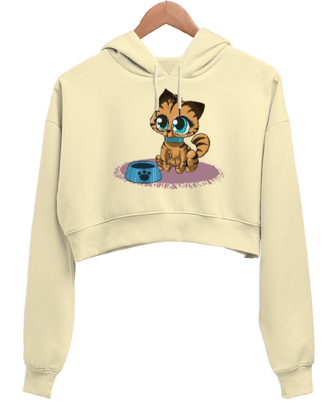 Kitty Cat Krem Kadın Crop Hoodie Kapüşonlu Sweatshirt