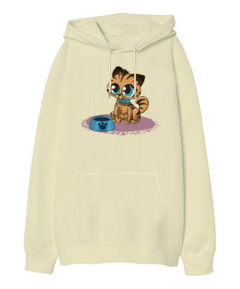 Kitty Cat Krem Oversize Unisex Kapüşonlu Sweatshirt