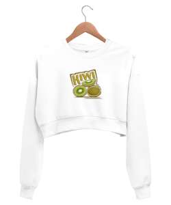 Kiwi baskılı Beyaz Kadın Crop Sweatshirt