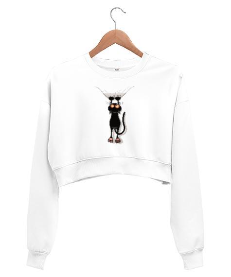 Tisho - Kıyafete Asılan Komik Kedi - Cat Beyaz Kadın Crop Sweatshirt