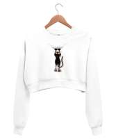 Kıyafete Asılan Komik Kedi - Cat Beyaz Kadın Crop Sweatshirt - Thumbnail