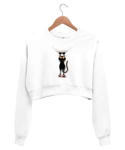 Kıyafete Asılan Komik Kedi - Cat Beyaz Kadın Crop Sweatshirt