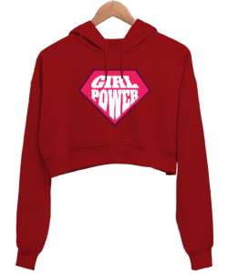 Kız Gücü - Girl Power v3 Kırmızı Kadın Crop Hoodie Kapüşonlu Sweatshirt