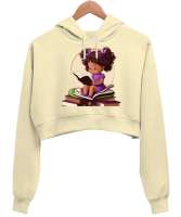 Kız Krem Kadın Crop Hoodie Kapüşonlu Sweatshirt - Thumbnail