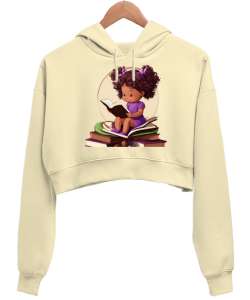 Kız Krem Kadın Crop Hoodie Kapüşonlu Sweatshirt