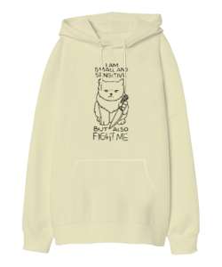 Kızgın Kedi Dövüş Benimle Krem Oversize Unisex Kapüşonlu Sweatshirt