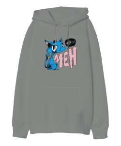 Kızgın Kedi Gri Oversize Unisex Kapüşonlu Sweatshirt