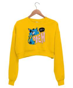 Kızgın Kedi Sarı Kadın Crop Sweatshirt