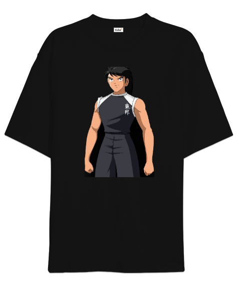 Kojiro hyuga baskılı Siyah Oversize Unisex Tişört