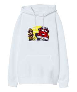 Komik Çizim Beyaz Oversize Unisex Kapüşonlu Sweatshirt