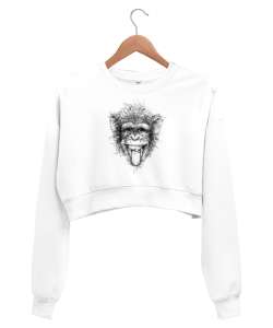 Komik Çizim Maymun - Şempaze Beyaz Kadın Crop Sweatshirt