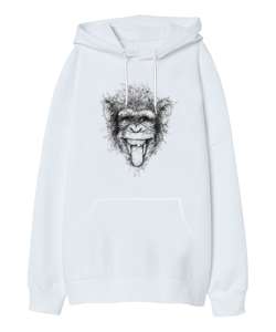 Komik Çizim Maymun - Şempaze Beyaz Oversize Unisex Kapüşonlu Sweatshirt