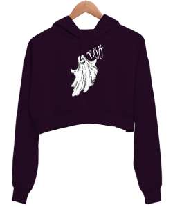 Komik Hayalet - Ghost - Böö Koyu Mor Kadın Crop Hoodie Kapüşonlu Sweatshirt