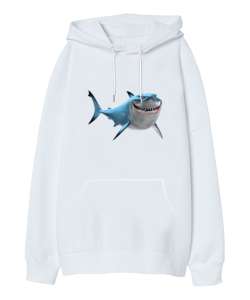 Komik Köpekbalığı - Shark Beyaz Oversize Unisex Kapüşonlu Sweatshirt