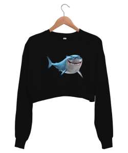 Komik Köpekbalığı - Shark Siyah Kadın Crop Sweatshirt