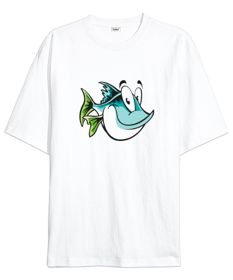 Tisho - Komik Sevimli Balık - Fish Beyaz Oversize Unisex Tişört