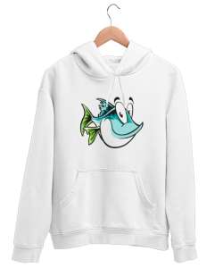 Komik Sevimli Balık - Fish Beyaz Unisex Kapşonlu Sweatshirt