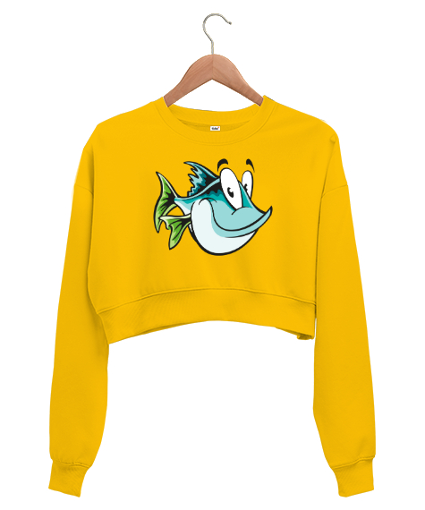 Tisho - Komik Sevimli Balık - Fish Sarı Kadın Crop Sweatshirt