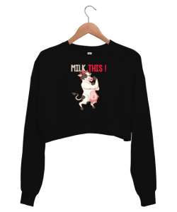 Komik Sinirli İnek Siyah Kadın Crop Sweatshirt