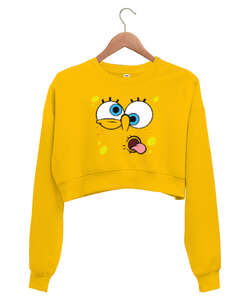 Komik Surat V3 Sarı Kadın Crop Sweatshirt