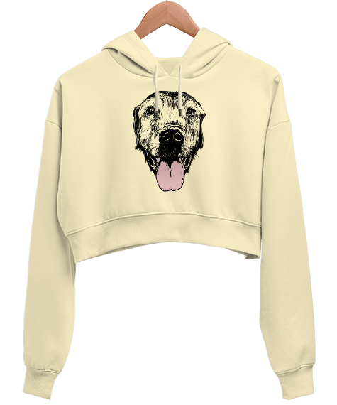 Tisho - Köpek Kafası - Dog Krem Kadın Crop Hoodie Kapüşonlu Sweatshirt