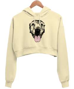 Köpek Kafası - Dog Krem Kadın Crop Hoodie Kapüşonlu Sweatshirt