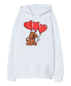 Köpek Ve Kalpler Oversize Unisex Kapüşonlu Sweatshirt