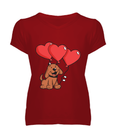 köpek ve kalpli kadın v yaka T-shirt Kadın V Yaka Tişört