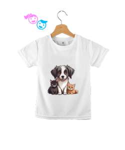 Köpek ve Kedi Baskılı Beyaz Çocuk Unisex