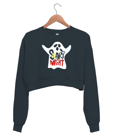 Tisho - Korku Gecesi - Hayalet - Scary Füme Kadın Crop Sweatshirt