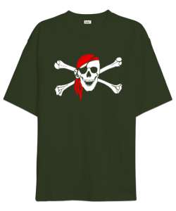 Korsan Kafatası - Pirate Skull Haki Yeşili Oversize Unisex Tişört