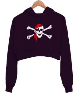 Korsan Kafatası - Pirate Skull Koyu Mor Kadın Crop Hoodie Kapüşonlu Sweatshirt