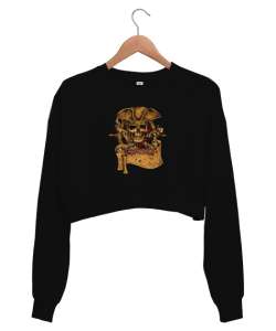 Korsan Kafatası ve Hazine Haritası Siyah Kadın Crop Sweatshirt