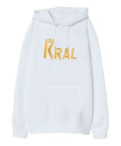 Kral Beyaz Oversize Unisex Kapüşonlu Sweatshirt