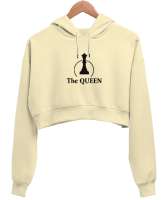 Kraliçe - The Queen - Satranç Krem Kadın Crop Hoodie Kapüşonlu Sweatshirt - Thumbnail