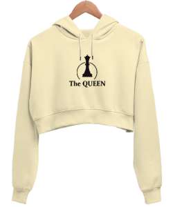 Kraliçe - The Queen - Satranç Krem Kadın Crop Hoodie Kapüşonlu Sweatshirt