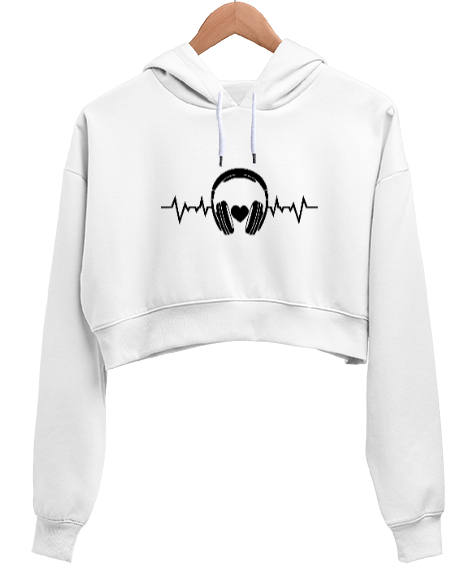 Kulaklık Beyaz Kadın Crop Hoodie Kapüşonlu Sweatshirt